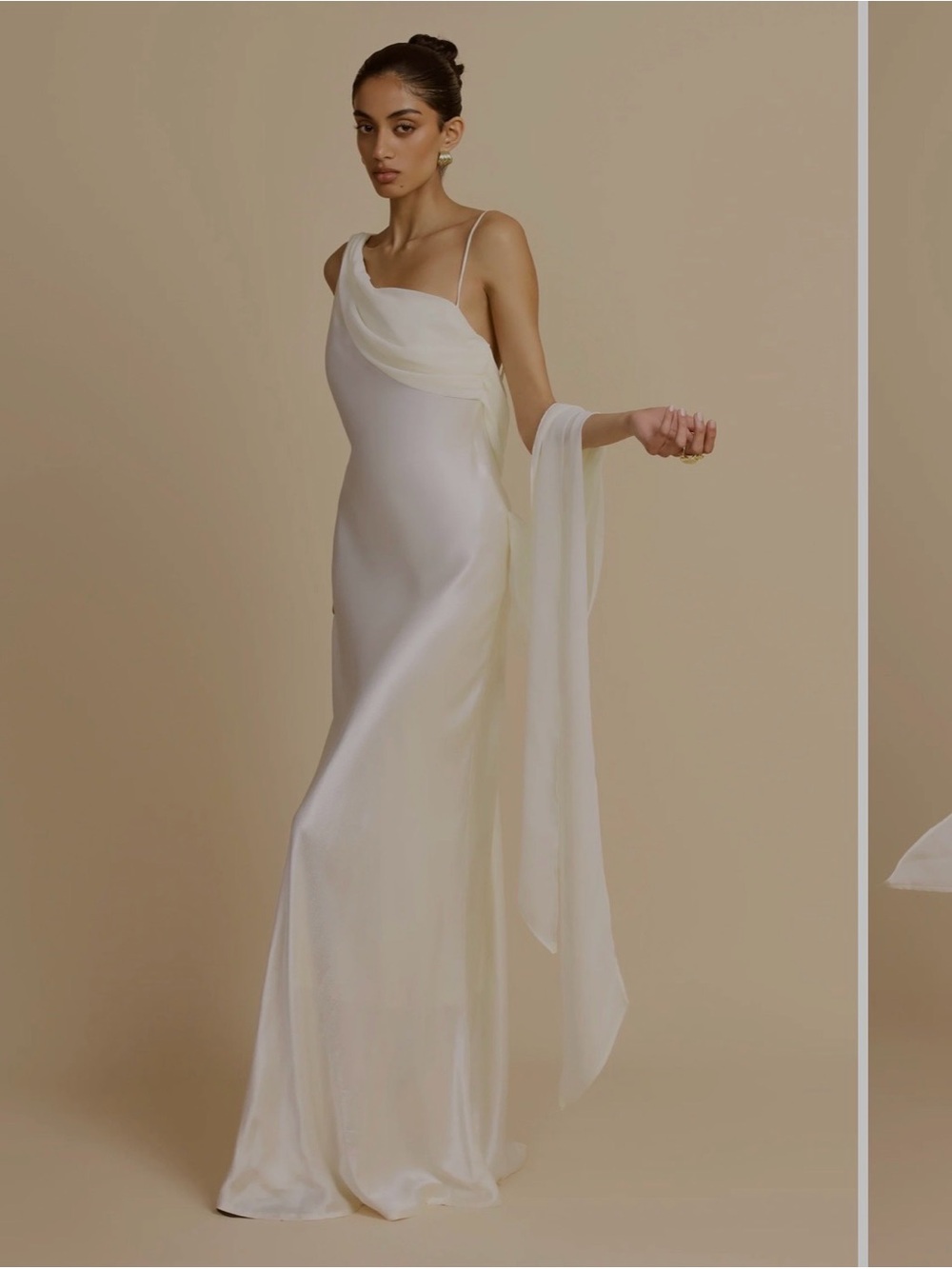 Arcina Ori Backless Ivory Satin Slip Dress with Draped Strap - Picture 2 of 3